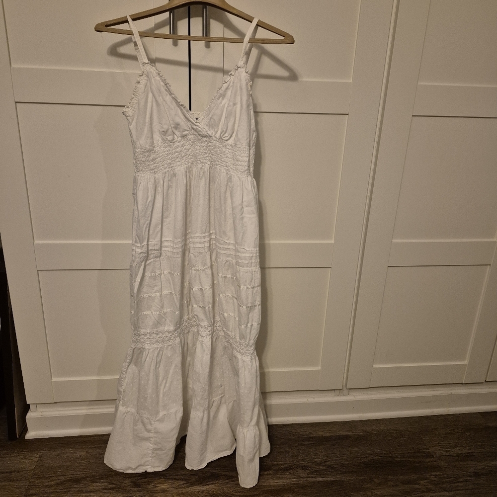 Speed Control NY White Cotton Boho Maxi Dress L - Smocked Eyelet Tiered - Picture 2 of 7